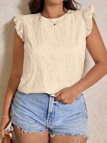 Elaquor 大码女式度假系带刺绣花卉印花盖袖休闲衬衫 - 杏色 - 查看 4