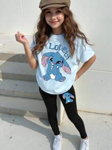 Young Girl Casual Fashionable Creative Cute Graphic Letter Print Tee And Leggings 2-Piece Set Bunny Shirt Girls Clothes Cute Shirts For Teen Girls Baggy Girls Outfits
