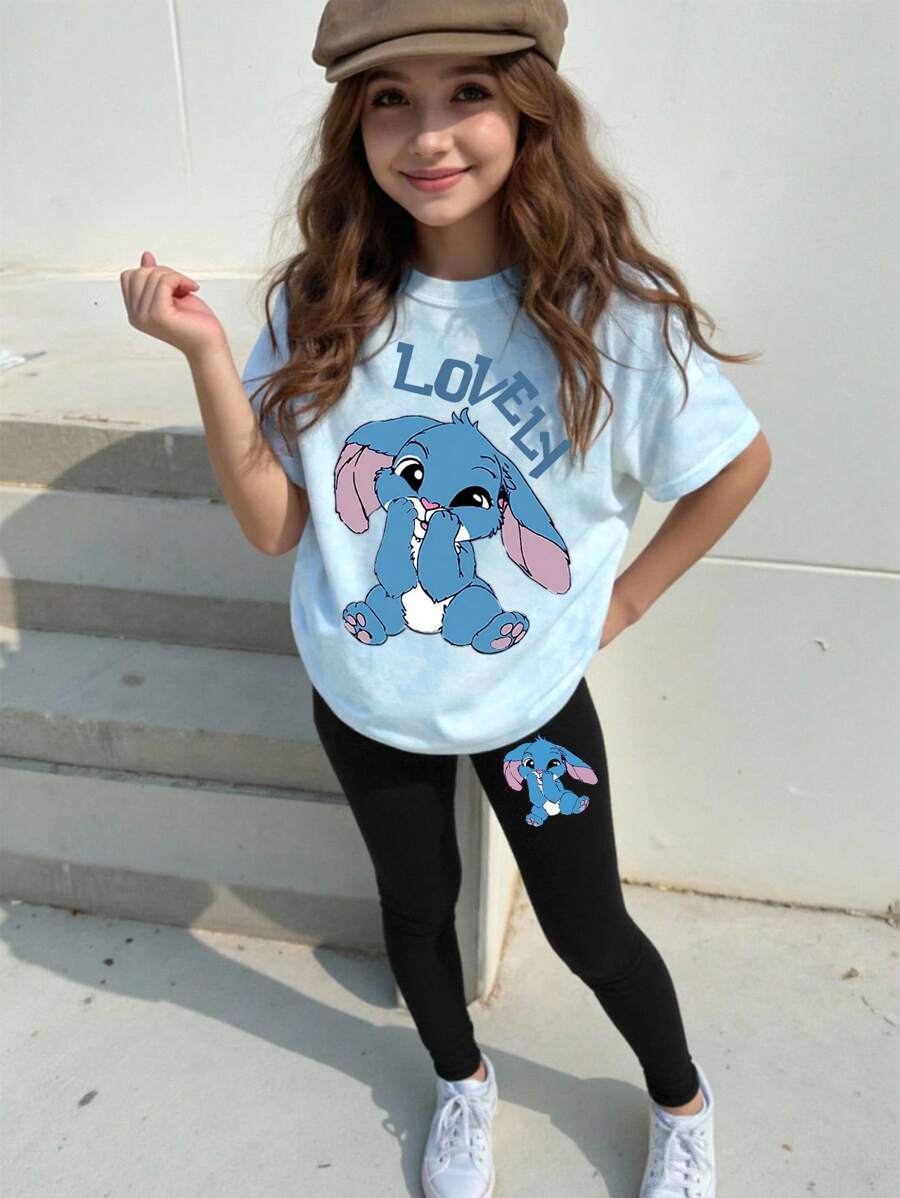 Young Girl Casual Fashionable Creative Cute Graphic Letter Print Tee And Leggings 2-Piece Set Bunny Shirt Girls Clothes Cute Shirts For Teen Girls Baggy Girls Outfits