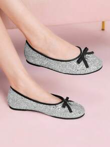 CUCCOO DOLLMOD Bailarinas de puntera redonda vintage francesas para mujer con lazo decorativo con brillo, color plateado, para primavera/verano