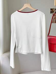 Comfortcana 撞色饰边系带白色针织女式 T 恤 - 白色 - 查看 2