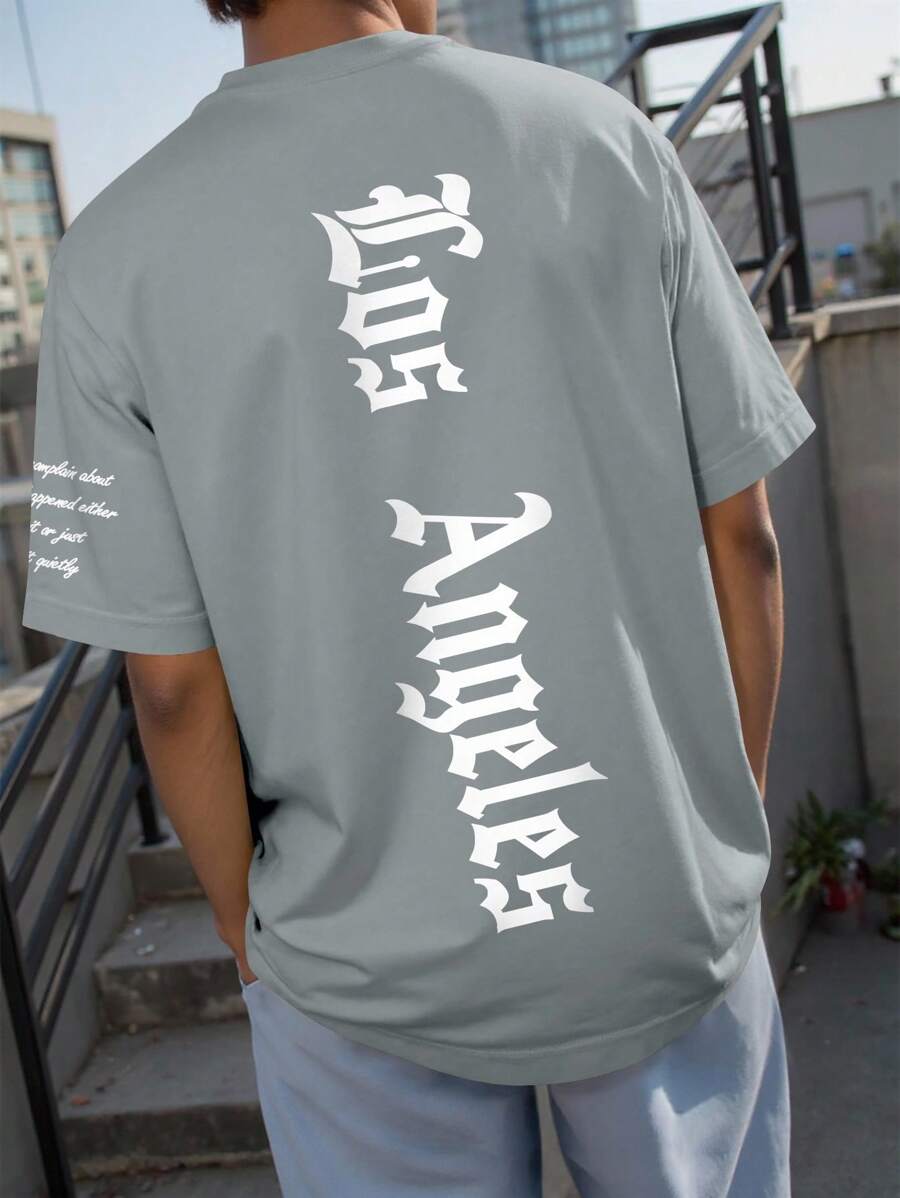 Manfinity LEGND 男士标语图案落肩T恤，2000年代风格 - 灰色 - 查看 1