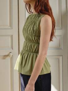 lacRébo Olive Green Smocked Sleeveless Cotton Top With Flared Hem Cute Autumn Top Teacher Top Spring Summer - Olive Green - View 6
