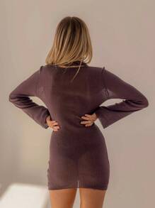 Aralina Conjunto de dos piezas: Vestido mini y bufanda de punto semitransparente de estilo bohemio de invierno - Marrón - Ver 2