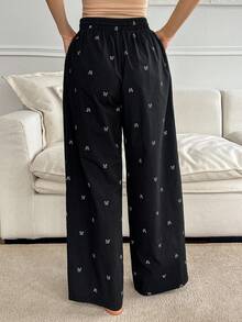 DAZY 可爱蝴蝶结图案印花宽松睡裤，适合秋冬季节 - 黑色 - 查看 2