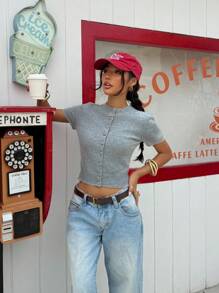 SHEIN EZwear 女士休闲日常纽扣前开衫圆领短袖开衫 - 灰色 - 查看 6