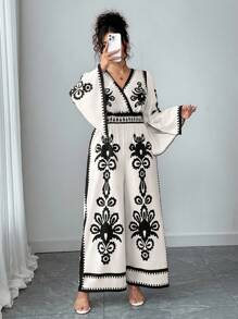 Elenzga Damen Große Größen V-Ausschnitt Langarm Jumpsuit mit Kordelzug Taille und Muster, elegante Outdoor-Bekleidung