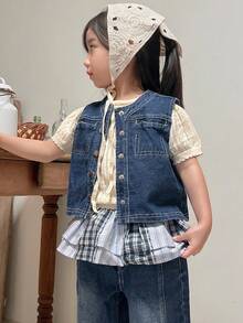 Dazy Kids 2pcs Young Girls Summer Casual Denim Vest And Wide Leg Pants Set - Medium Wash - View 5