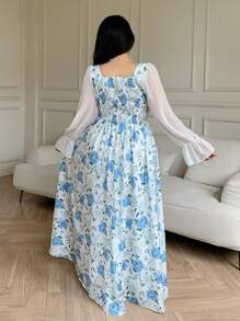 Modelyn Plus Size Women Floral Patchwork Print Long Sleeve Elegant Dress - Multicolor - View 4