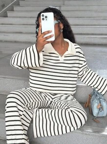 SHEIN 2件套少女黑白条纹卫衣和打底裤套装，休闲日常时尚搭配装（2件分开出售） - 黑與白 - 查看 3