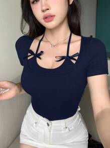 DAZY Women's Summer Casual Bowknot Detail Sexy Form-Fitting Short Sleeve T-Shirt - Navy Blue - View 4