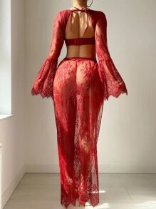 SHEIN 3pcs/Set Women's Lace Bell Sleeve Tie-Front Sexy Lingerie Set - Burgundy - View 1