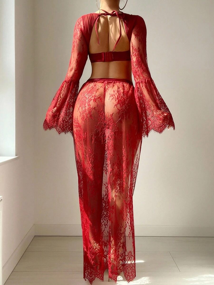 SHEIN 3pcs/Set Women's Lace Bell Sleeve Tie-Front Sexy Lingerie Set - Burgundy - View 1