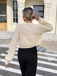 Serisse Solid Drop Shoulder Button Up Crop Cardigan,Long Sleeve Tops,Knitted Sweater In Fall/Winter Casual Spring - Beige - View 2