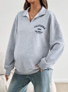 SHEIN Autumn And Winter Maternity Loose Fit Half-Zip Floral Print Lightweight Sweatshirt, Gray Grey Sweatshirt Fall Winter Casual Women Oversized Sweatshirt Woman Women Sweatshirts - Grey - View 3