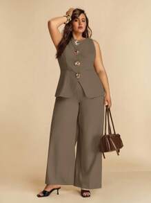 SHEIN BAE Plus Size Women Metal Flower Decor Vest & Wide Leg Pants Casual Set,Business Casual Woman/ Plus Size Two Piece Outfits/ Plus Size Wide Leg Pantsuit/ Plus Size Pant Suit,Fall Clothes For Women