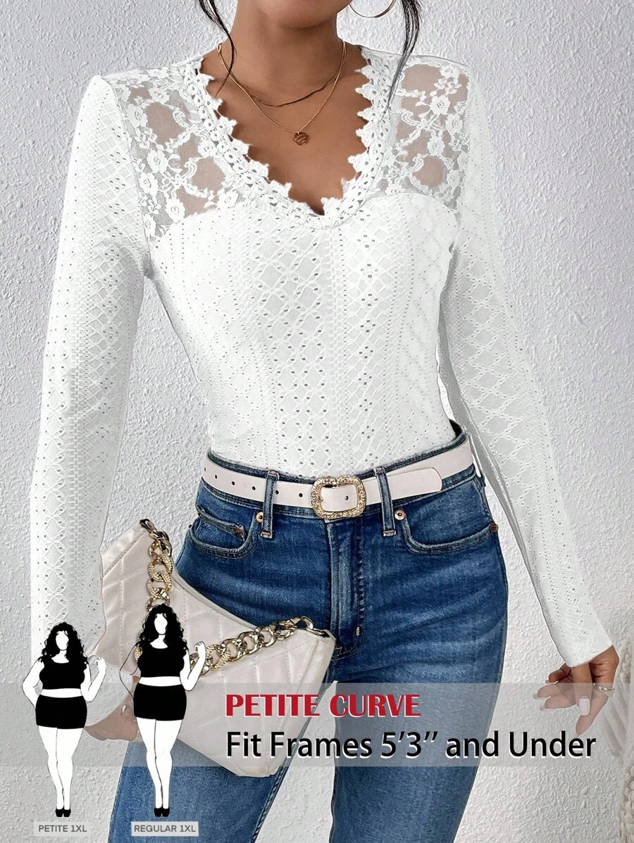 SHEIN PETITE CURVE Plus Size Elegant Solid Color Lace Patchwork T-Shirt, Autumn, Suitable For People Of Shorter Stature - White - View 1