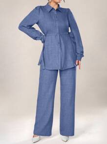 Mulvari Women 2pcs Set Front Button Long Sleeve Casual Blouse And Trousers 2 Pieces Set Modest - Blue - View 6