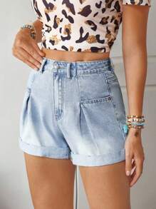 EMERY ROSE Women's Pleated Cuffed Loose Casual Denim Shorts