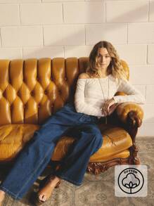 Aralina 女式直筒宽松休闲口袋牛仔裤，百搭 - 深色水洗藍 - 查看 1