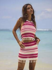 Aralina Striped Crochet Halter Neck Tassel Hem Summer Crop Top - Multicolor - View 3