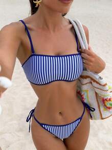 Swim Vcay 2pcs/Set Women Striped Print Tie Strap Swimsuit Set, Beach Holiday For Summer Beach Vacation - Blue and White - View 3
