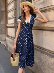 Pariaura French Lace Patchwork Mini Ditsy Floral Dress - Navy Blue - View 4