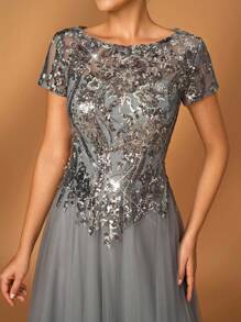 Serin 女士优雅华丽奢华灰色亮片刺绣拼接网纱圆领短袖A字裙摆连衣裙，适合晚宴、单身派对、约会、舞会、假日、婚礼宾客礼服，优雅新娘母亲礼服，适合婚礼、情人节等场合。 - 咖啡 - 查看 1