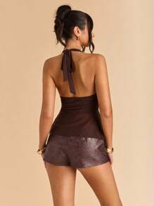 SHEIN BAE 夏季性感蝴蝶结装饰露背吊带上衣，度假装扮女装可爱上衣，短款上衣女装，Y2K服装 - 棕色 - 查看 8