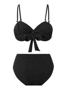 Swim Vcay 女士海滩度假优雅简约纯色纹理面料网眼三件套比基尼套装 - 黑色 - 查看 6