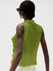 Aveloria Modichic White Textured Sheer Multi-Layer Ruffled Elegant Romantic Versatile French Style Sleeveless Collared Women Blouse - Green - View 2