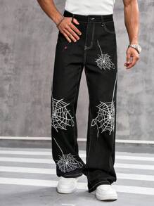 Manfinity EMRG Men's Pocket Spider Web Print Wide Leg Casual Jeans - Black - View 5