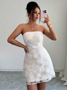 Selianne 女士 3D 花朵装饰抹胸修身中长连衣裙 - 白色 - 查看 1