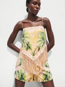 Maija 2 件套女士夏季度假风格热带印花流苏下摆吊带背心和短裤套装乡村音乐会服装奶油黄海滩度假服装女士度假服装波西米亚风女装波西米亚风女装