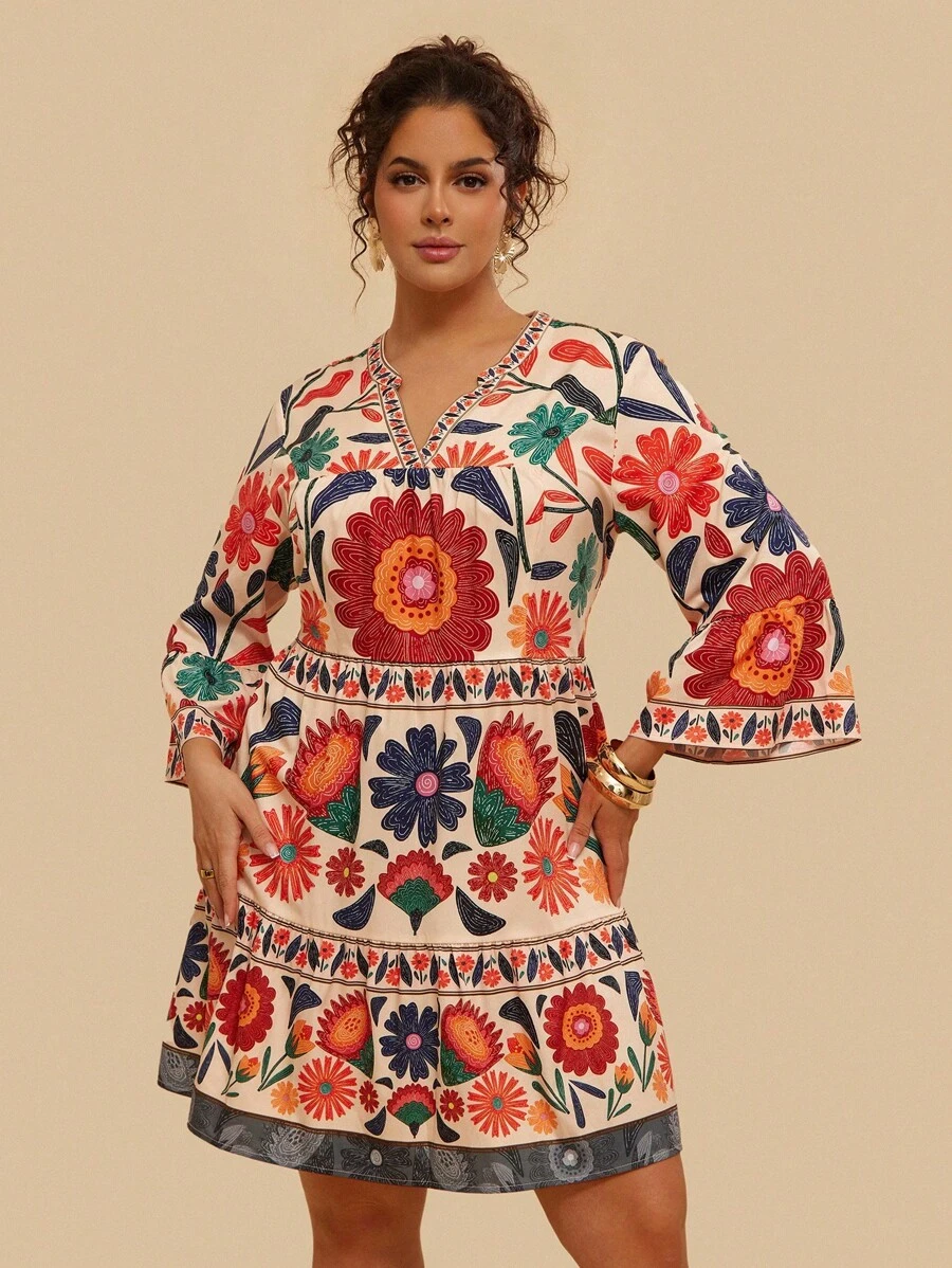 SHEIN VCAY 大码女式花卉印花V领喇叭袖节日连衣裙 - 彩色 - 查看 1