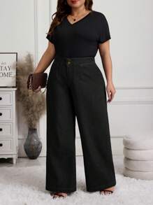 SHEIN LUNE 大码黑色牛仔休闲度假裤