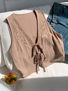 Comfortcana Áo cánh không tay thêu hoa màu nâu phong cách Boho mùa hè cho nữ - màu nâu - Xem 3