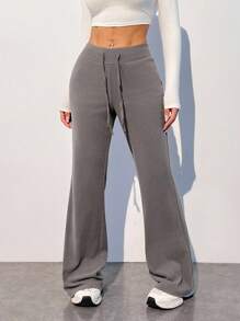 SHEIN EZwear 大码休闲舒适柔软高弹低腰长裤阔腿运动裤女式阔腿裤高腰运动裤 - 灰色 - 查看 4