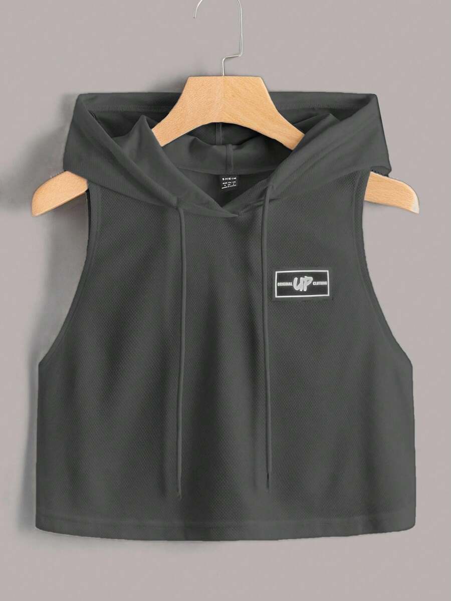 SHEIN EZwear 女式拼接細節帽t背心,適用於夏季運動 - 深灰色 - 查看 1