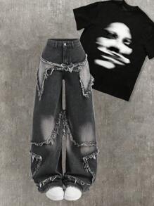 SHEIN Teen Boy Casual Cool Y2K Fashion Star Patchwork Fringe Low-Waisted Baggy Wide Leg Denim Jeans Pants With Raw Hem And Slanted Pocket For Kids Clothes Boys Costume Dailywear And Kids Summer And Spring Rave Outfits Festival And Beach Outfits Clothes Fall Clothes Back To School Old Money Style Streetwear Punk Winter