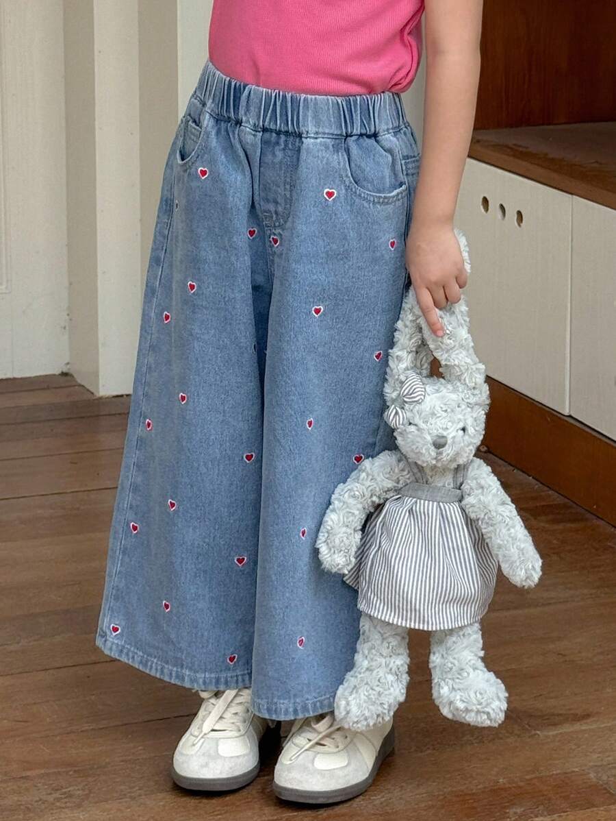 Dazy Kids 女童休闲水洗阔腿韩版宽松牛仔裤 - 淺色水洗藍 - 查看 1