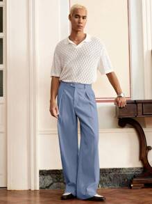 Manfinity VCAY Men's Woven Casual Loose Solid Color Elastic Waist Wide Leg Pants, Fall - Dusty Blue - View 3