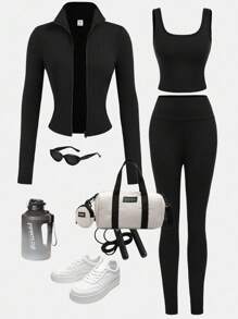 Girlism Completo da 3 pezzi per ragazze adolescenti: canotta basic in maglia nera per yoga casual e quotidiano, giacca corta basic, leggings vita alta