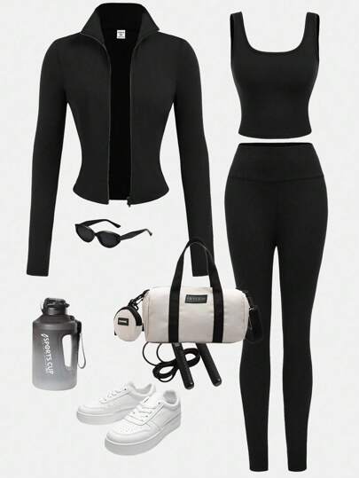 Girlism 3-Piece Outfits For Teen Girls: Casual Basic Daily Yoga Black Knit Camisole, Basic Cropped Jacket, High Waist Leggings Fall Winter