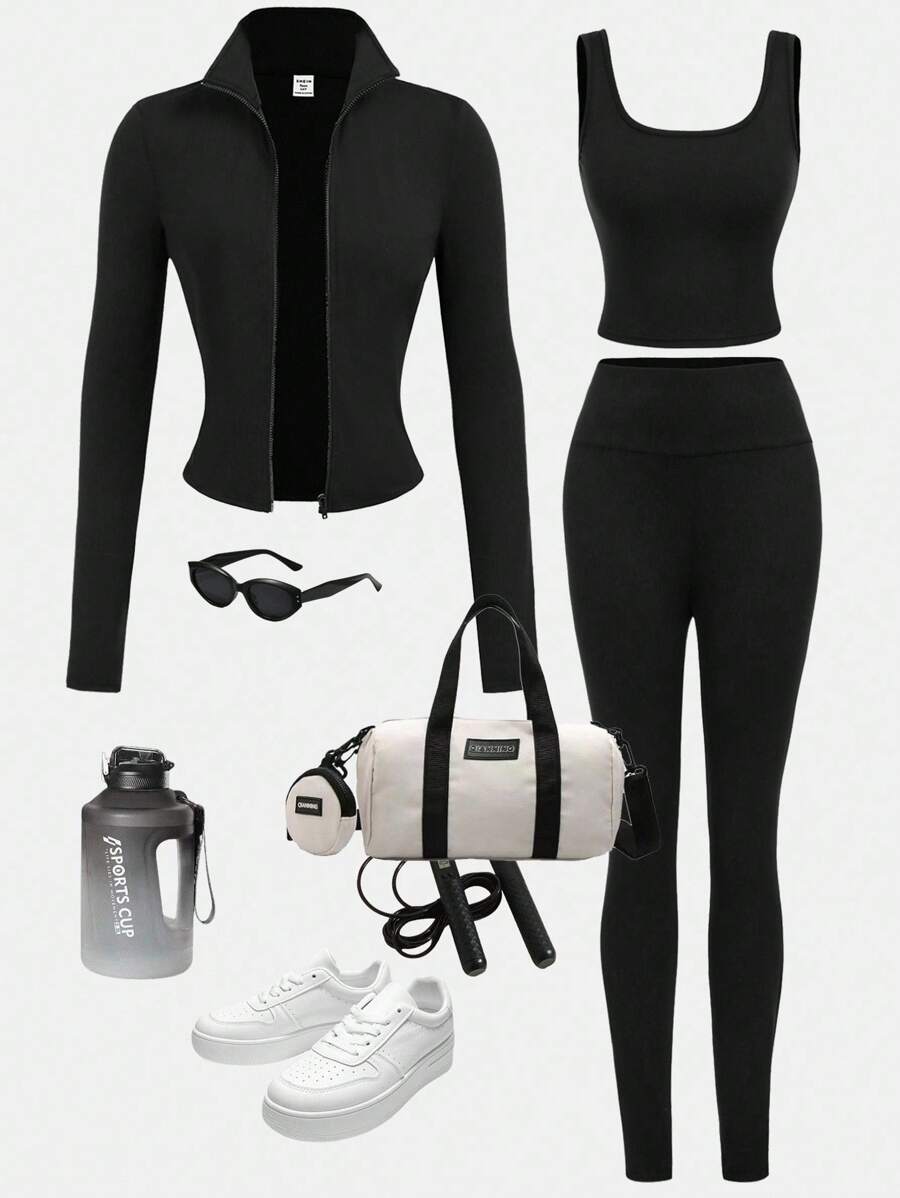 Girlism Completo da 3 pezzi per ragazze adolescenti: canotta basic in maglia nera per yoga casual e quotidiano, giacca corta basic, leggings vita alta