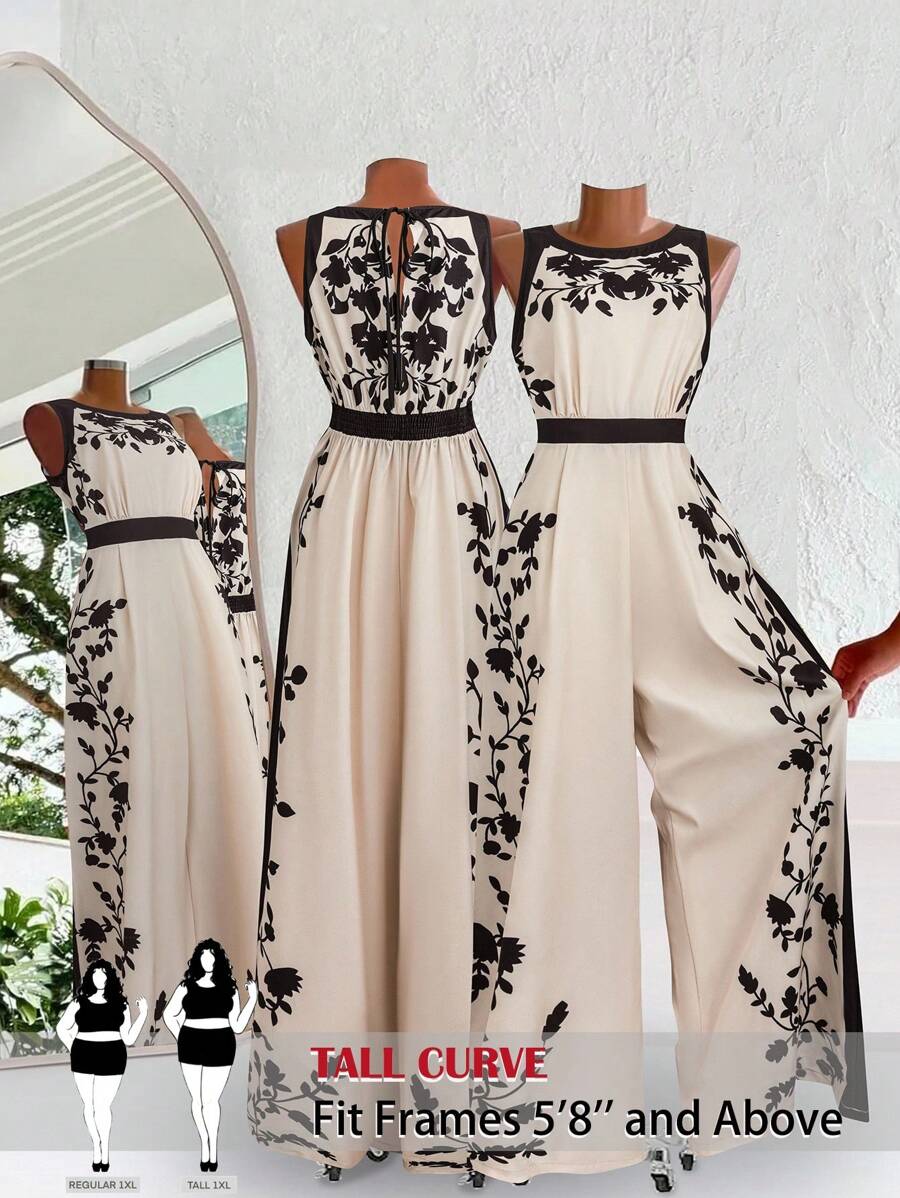 SHEIN Tall CURVE Mono largo de talla grande para mujer con cuello redondo sin mangas, cuello halter, estampado en la cintura, hombros descubiertos, para uso casual diario, de vacaciones, de negocios casuales, salidas, overoles, estilo "old money", mono de una pieza con estampado floral, adecuado para otoño e invierno, tallas grandes, elegante