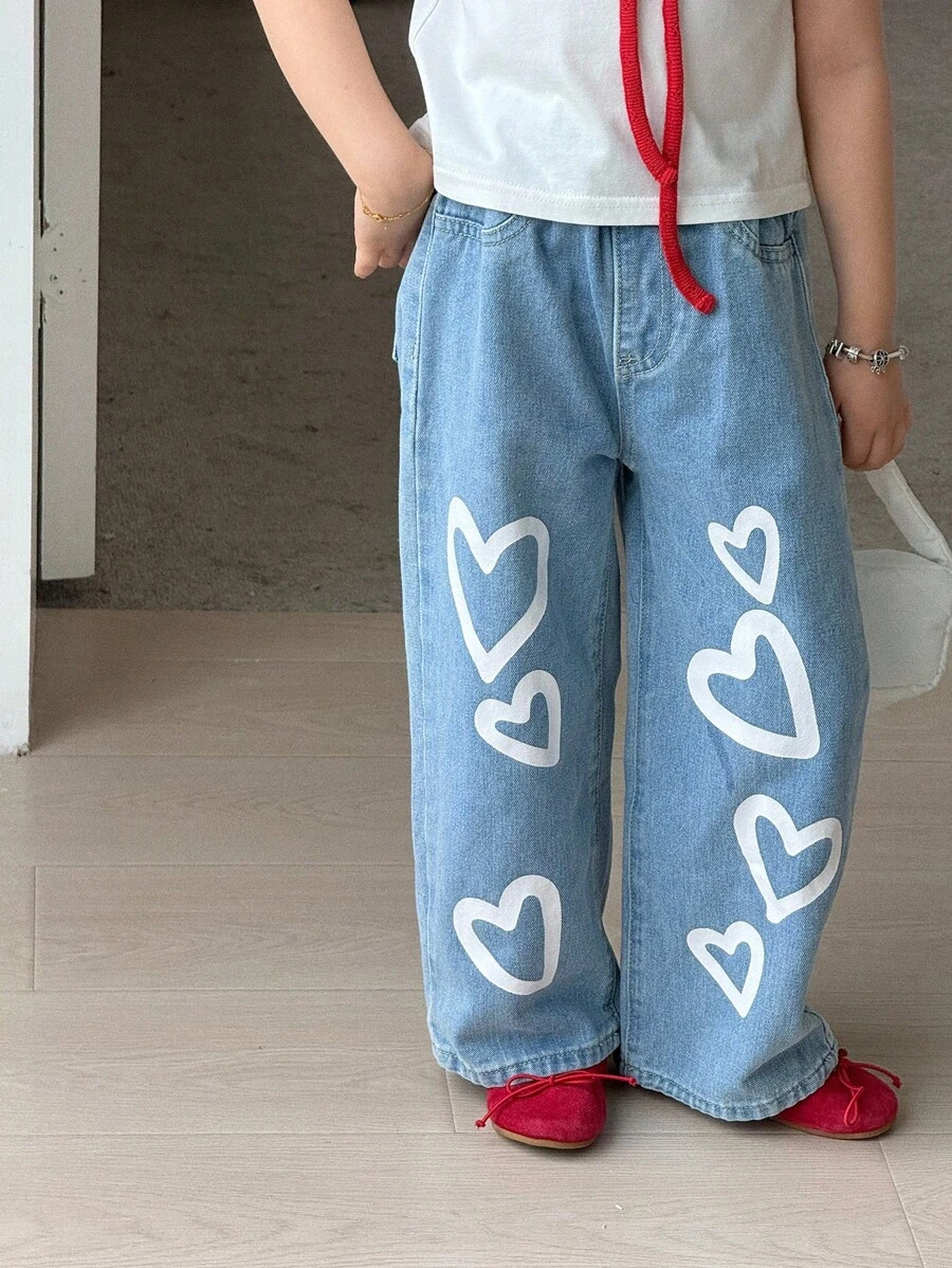Young Girl Denimly Fashionable Casual Cute Heart Print Outdoor Elastic Waist Washed Denim Jeans, Summer Jeans,Heart Print, Summer, Girl,Must Have Daily Fashion Item