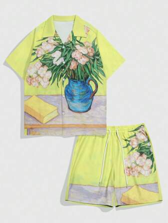 Street Life 2pcs/Set Men's Summer Vacation Vase Print Front Button Short Sleeve Shirt & Shorts Set