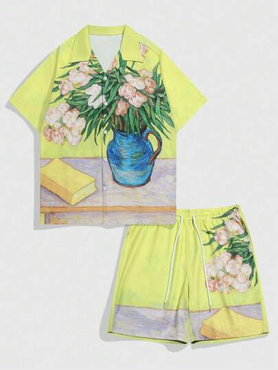 Street Life مجموعة 2 قطعة للرجال قميص أكمام قصيرة برزنتة على الجزء الأمامي مع شورت ، طقم مطبوع بطبعة إناء لإجازة الصيف