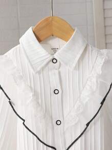 Young Girl Casual Daily Ruffled Textural Front Button Shirt - White - View 3